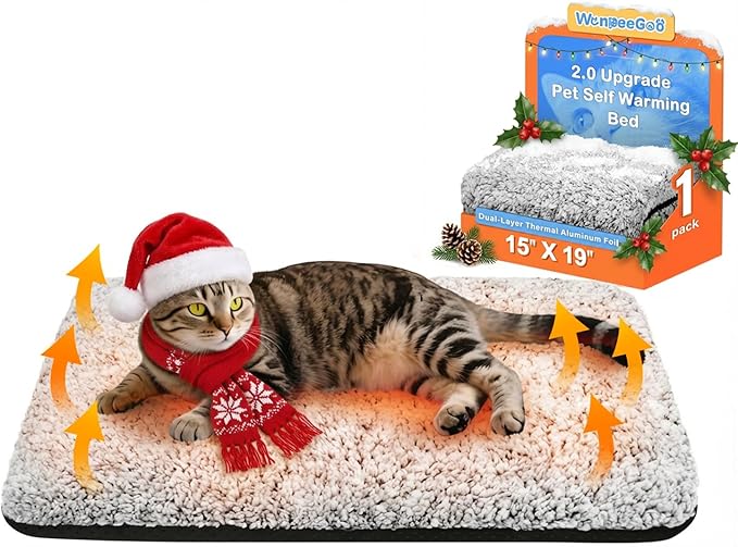 Self Warming Cat Bed, Heated Cat Bed, 2.0 Upgraded Dual-Layer Thermal Foil Heating Pad, Plush Self-Heating Pet Mat for Crate, Floor, with Removable Washable Cover, Non-Slip, 15"x19"