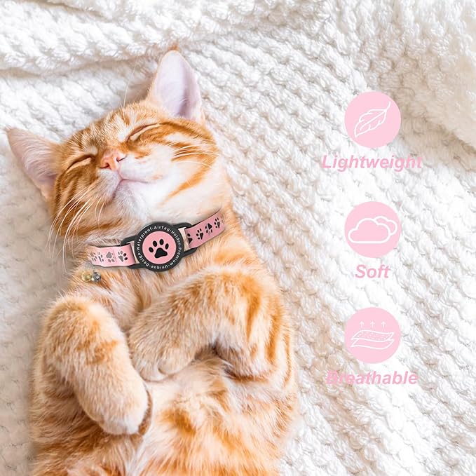 GPS Tracker for Cats, Waterproof GPS Cat Trackers Cats Collar with Bells, No Subscription, GPS Cat Collar, Adapt with Apple Find My (iOS Only) Finder Tag for items Pets Christmas Gift (PINK)