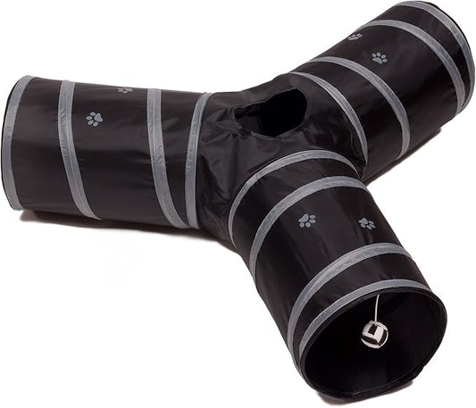 Cat Tunnel - Collapsible 3 Way Play Toy - Tube Fun for Rabbits, Kittens, and Dogs - Black/Grey