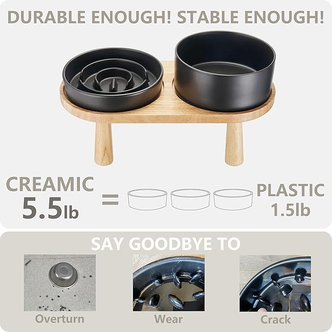 Ceramic Slow Feeder and Water Bowl Set for Small Dogs, 6.0inch Ceramic Dog Bowls Elevated with Wooden Stand, 0.6 Cups Dog Slow Feeder(14oz) and 30oz Water Bowl Set, Black
