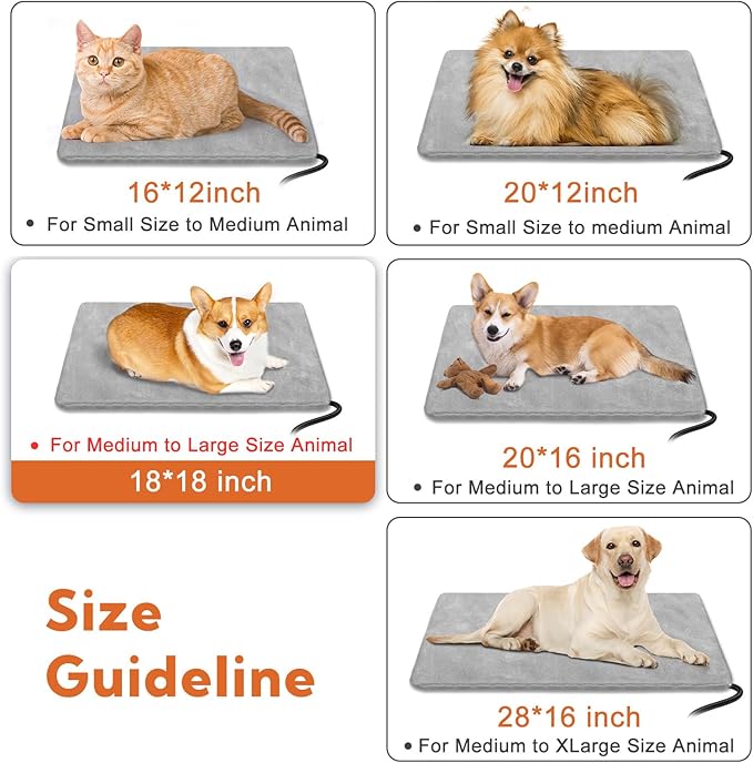 Dog Heating Pad Outdoor for Heated Dog Bed, Pet Heating Pad with Soft Cover,Chew Resistant Cord, Safe for Pregnant New Born Stray Feral Puppy Grey 18 * 18