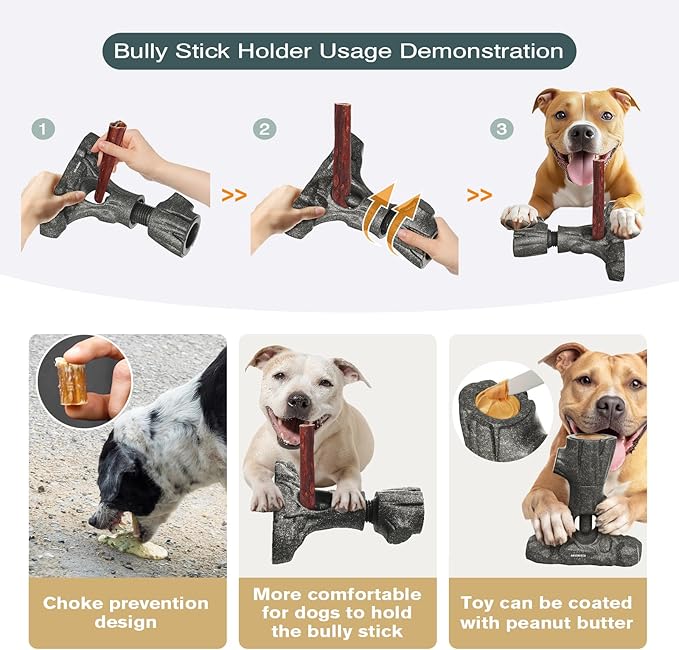 Ansoniser 2-in-1 Bully Stick Holder & Chew Toy - Tree Stump Design Prevents Choking, Keeps Dogs Busy with Mental Stimulation, for All Breed Sizes, Easy to Clean