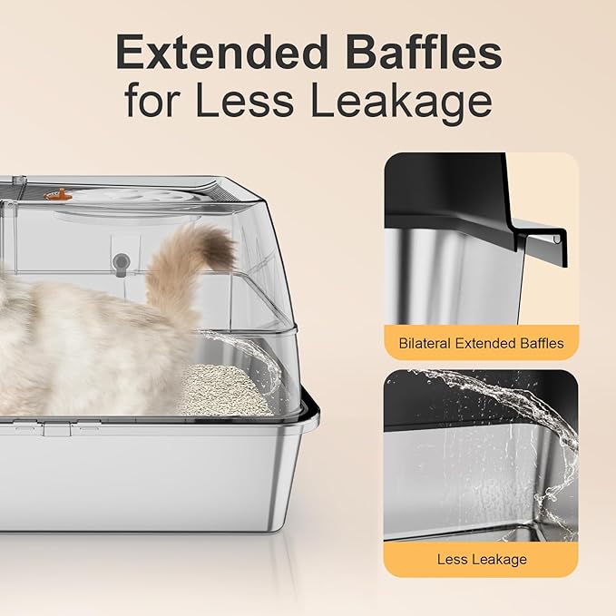 Stainless Steel Litter Box with Lid, XL Extra Large Litter Box, Enclosed Top Entry Metal Litterbox for Big Cat, Easy Cleaning, Less Leakage & High Sided with Mat, Aisle & Scoop Black