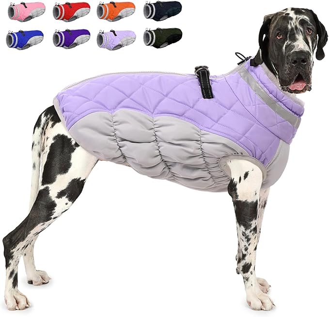 AOFITEE Dog Coat, Warm Dog Jackets for Large Dogs, Reflective Turtleneck Dogs Winter Coat with Harness Built in, Waterproof Windproof Pet Snow Jacket Fleece Vest for Cold Weather, Lilac XXL
