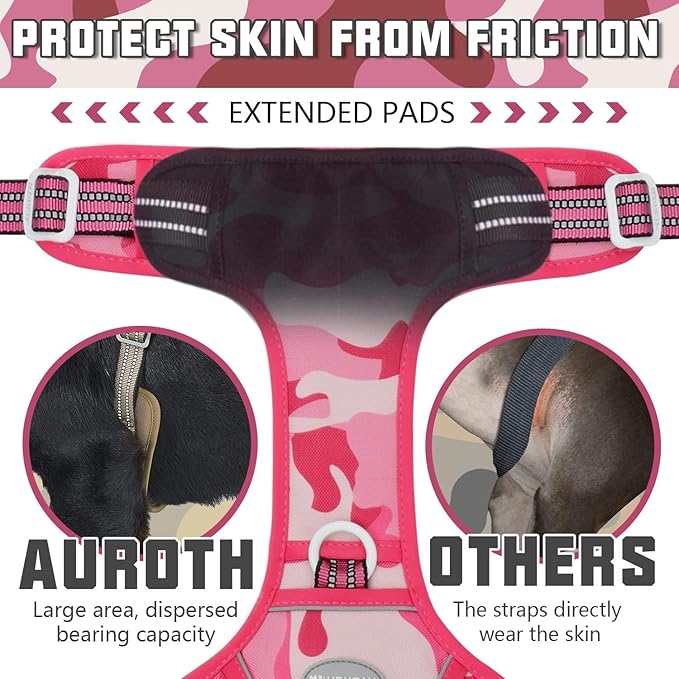 Auroth Tactical Pet Harness for Small Medium Large Dogs No Pull Adjustable, Reflective K9 Working Training Easy Control Vest Military Service Dog, Large, Pink Camo