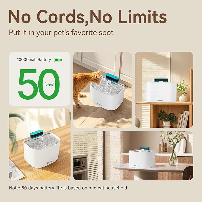 Cat Water Fountain, App Control Wireless Cat Fountain, 122oz/3.6L Pumpless Water Fountains for Cats Indoor with Stainless Steel Tray, Wi-Fi Dog and Pet Water Fountain (White, Fountain+2 Fliters)