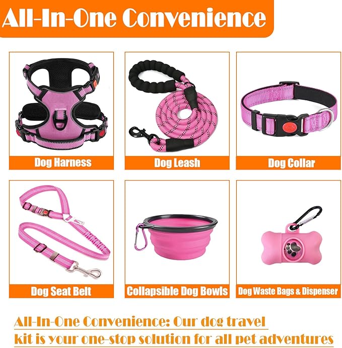 No Pull Dog Harness, Collar & Leash Set | Includes Dog Seat Belt, Collapsible Bowls & Poop Bag Dispenser. Ideal for Training, Walking, Hiking. Fits Small to Large Dogs(Pink-M)