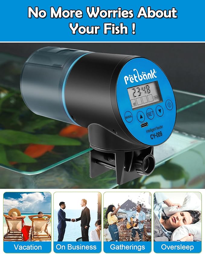 Automatic Fish Feeder for Aquarium - Rechargeable Fish Food Auto Dispenser Vacation Turtle Feeder with USB Charger Cable，LCD Screen, Customized Schedule (Blue)