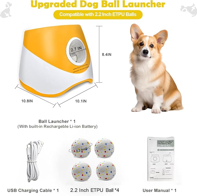 Automatic Dog Ball Launcher for Samll to Medium Dogs, Upgraded Interactive Toy Balls Thrower, Distance Adjustable Mental Stimulating Dog Toys with 4 Etpu Balls 2.2 Inch (Orange)