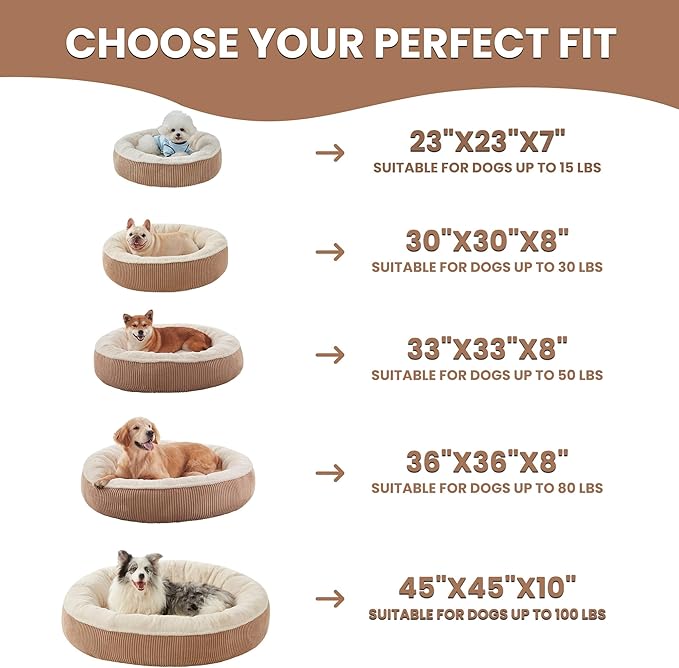 45 inches Donut Dog Bed for Extra Large Dogs,Calming Round Pet Bed with Removable & Washable Cover, Plush Faux Fur & Corduroy, Fits up to 100 lbs Pets(Brown,XL)