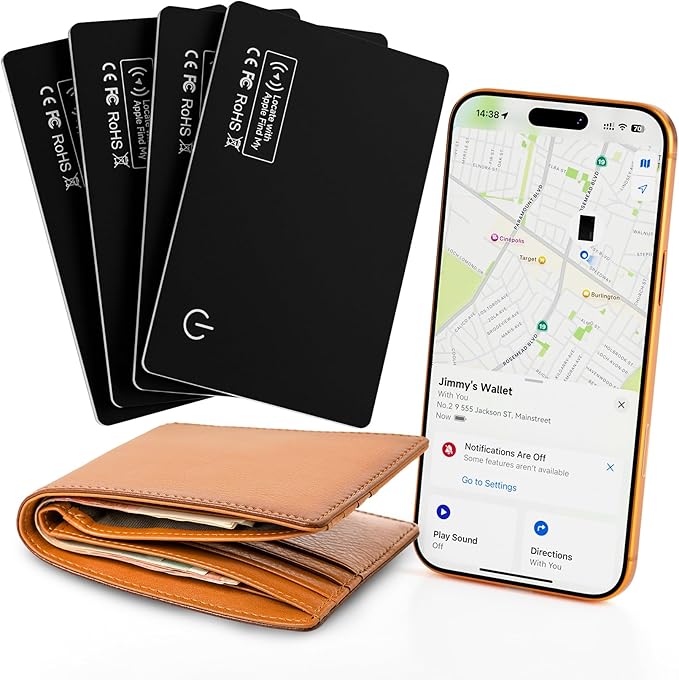 JTD 4 Pack Smart Card Wallet Tracker - Apple Find My Compatible (iOS Only), 0.07in Ultra-Thin IP68 Waterproof Bluetooth Tracker Card, for Wallet, Backpack, Passport