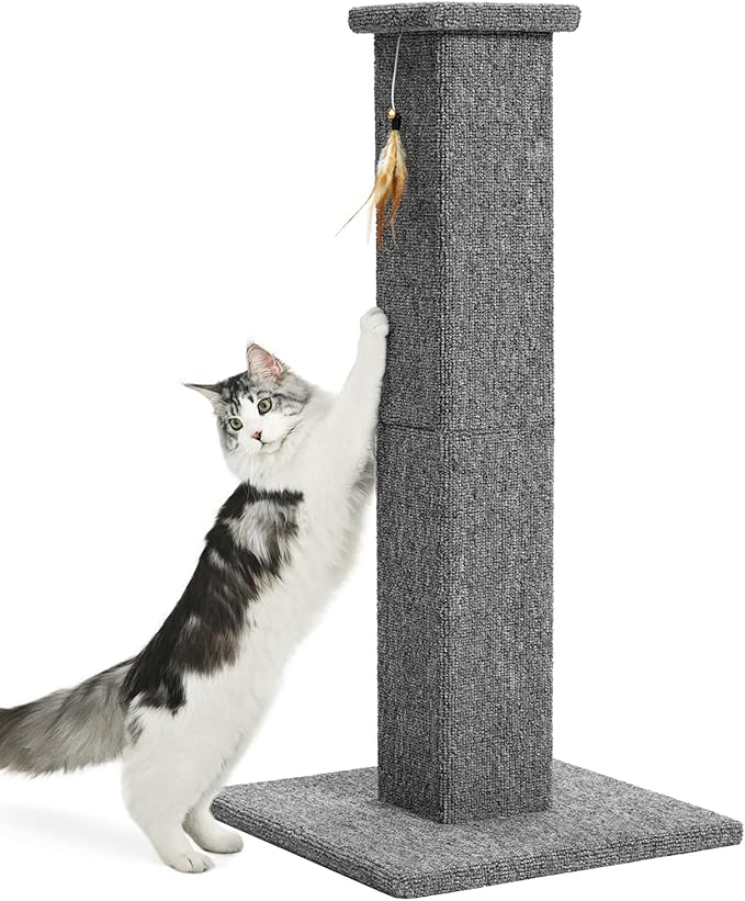 Made4Pets Cat Scratching Post, 32 Inch Carpet Covered Cat Scratcher with Kitten Toy, Tall Scratching Post for Indoor Cats Adults and Kittens, Grey