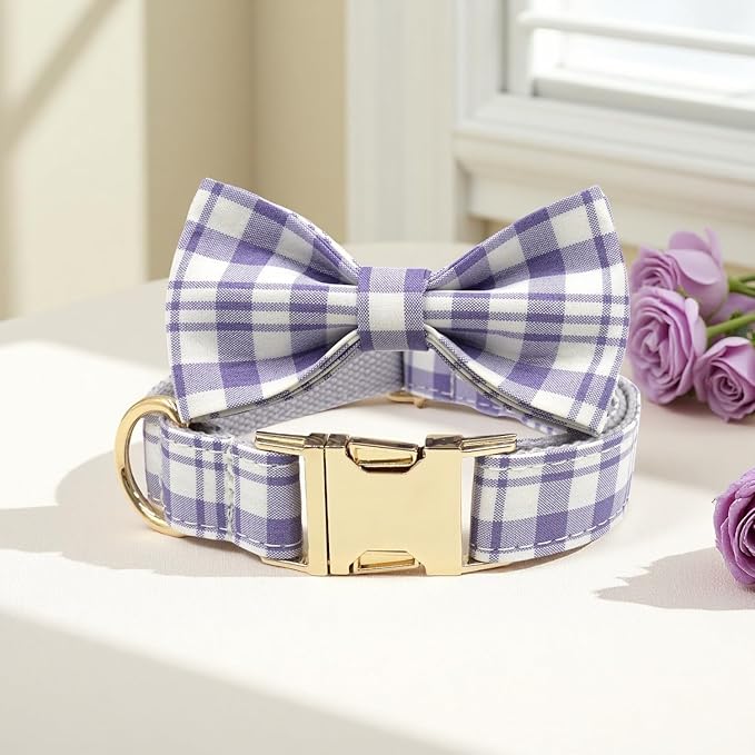 PETDURO Personalized Dog Collar Lavender Plaid for Large Medium Dogs | Engraved Name and Phone Number on Gold Metal Buckle for Girls | Add Leash & Bow Tie via Customize Now