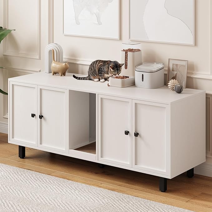 ONBRILL 59 Inches Cat Litter Box Enclosure for 2 Cats, Hidden Litter Boxes Furniture with Cat Scratch Pad, Large Indoor Pet House with Double Room, Wooden TV Stand Side Table, Off White