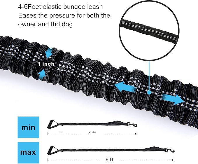 6FT Highly Reflective Heavy Duty Elastic Bungee Medium and Large Dog Leash Shock Absorbing with Comfortable Padded Handle and Traffic Handle Suitable for Training