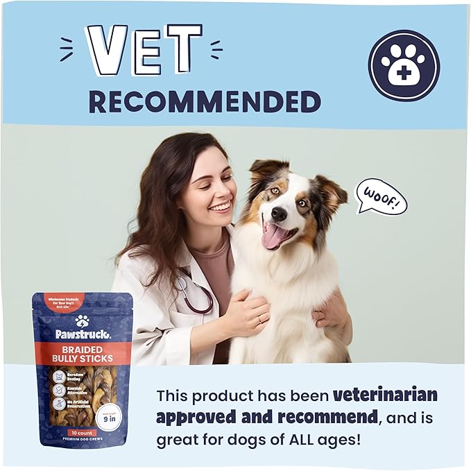 Pawstruck Natural 9” Braided Bully Sticks for Dogs - Tough, Long-Lasting, Rawhide-Free, Low Odor, Healthy Single Ingredient Chew Treat for Aggressive Chewers - 10 Count - Packaging May Vary