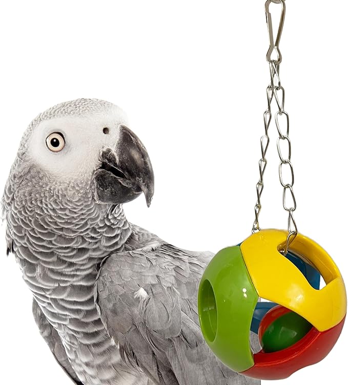 SIMENA Parrot Ball Toy with Bell, Cage Hanging Accessories for Medium to Large Birds, Interactive Toys for Birds, Cat Ball Toy (Geometric, Set of 1)