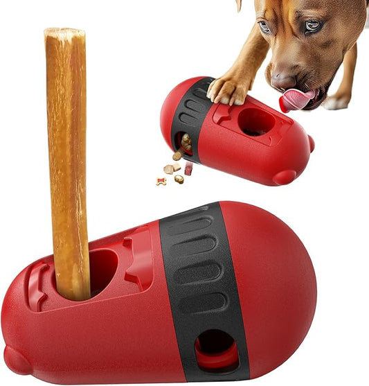 Dog Puzzle Toys Dog Treat Dispensing with Bully Sticks Holder Security Hold Device Interactive Toy to Keep Them Busy Puppy Slow Feeder ,Securely Holds Bully Sticks to Help Prevent Choking. (D-Red)