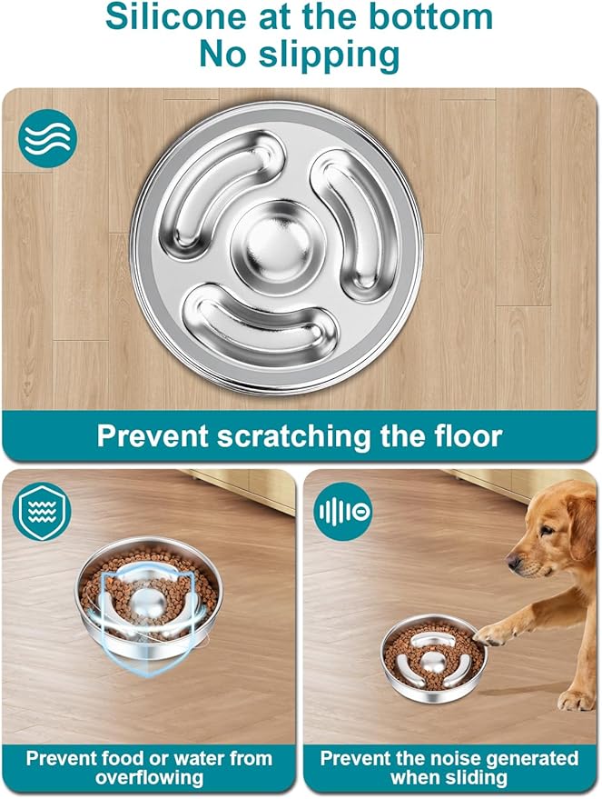 Slow Feeder Dog Bowl Stainless Steel，8-inch Diameter Dog Slow Feeder Bowl，Heavy Duty with Non-Slip Rubber Base，4Cups Capacity for Medium & Large Dogs to Slow Down Eating