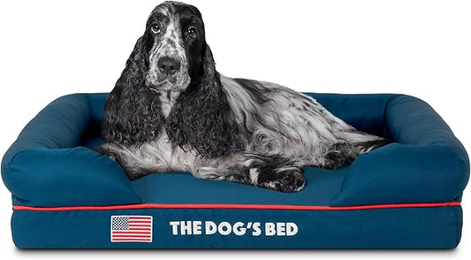 The Dog’s Bed, Medium Blue Oxford with Red Trim USA Flag Dog Bed, Memory Foam, Pain Relief, Post Surgery, Lameness, Supportive, Calming, Waterproof Washable Cover