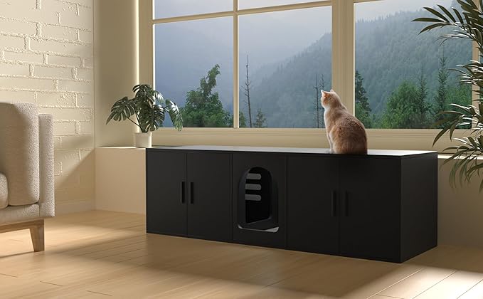 Double Litter Box Enclosure with Cat Scratch Mat & Motion Sensor Light, Wooden Litter Box TV Stand for 2 Litter Boxes & 2 Cats (Black)