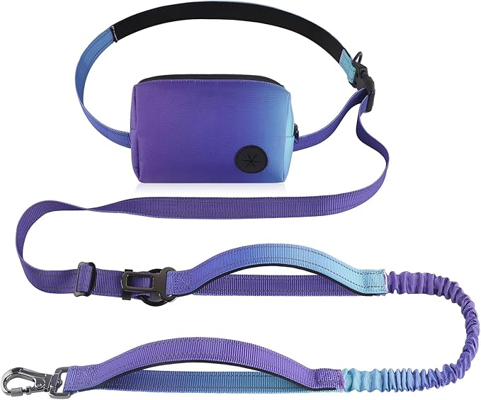 Roses&Poetry Hands Free Dog Leash with Zipper Pouch, 6-9ft Bungee Waist Leash for Medium Large Dogs Walking, Running Lead with Dual Padded Handles Car Safety Buckle for Training Jogging