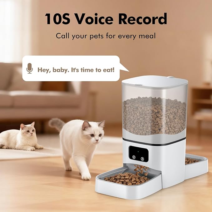 Automatic Cat Feeder for 2 Cats, 6L Automatic Cat Food Dispenser with 2 Stainless Steel Bowls, Timed Dry Food Dispenser with APP Control for Cats and Dogs, Dual Power Supply, 10s Voice Recorder