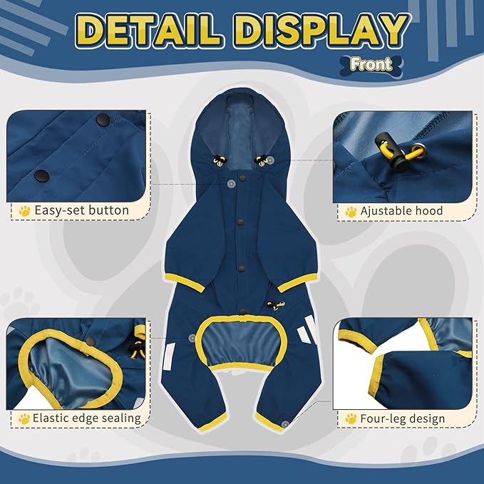 Dog Raincoat, Waterproof Dog Rain Jacket with Hood, Rain Coat with Leash Hole, Reflective Strap for Small Medium Dogs, Lightweight Puppy Clothes(Blue,L)