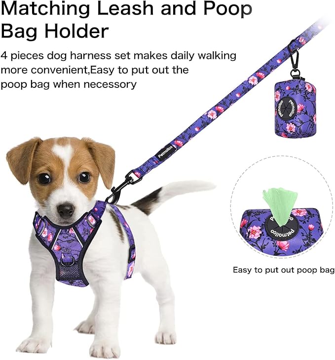 Petmolico No Pull Dog Harness Set with Leash Attachment Easy Control Handle Reflective Harness Vest Small Breed, Puppy Vest and Leash Set with Poop Bag Holder, Medium - Purple Peach