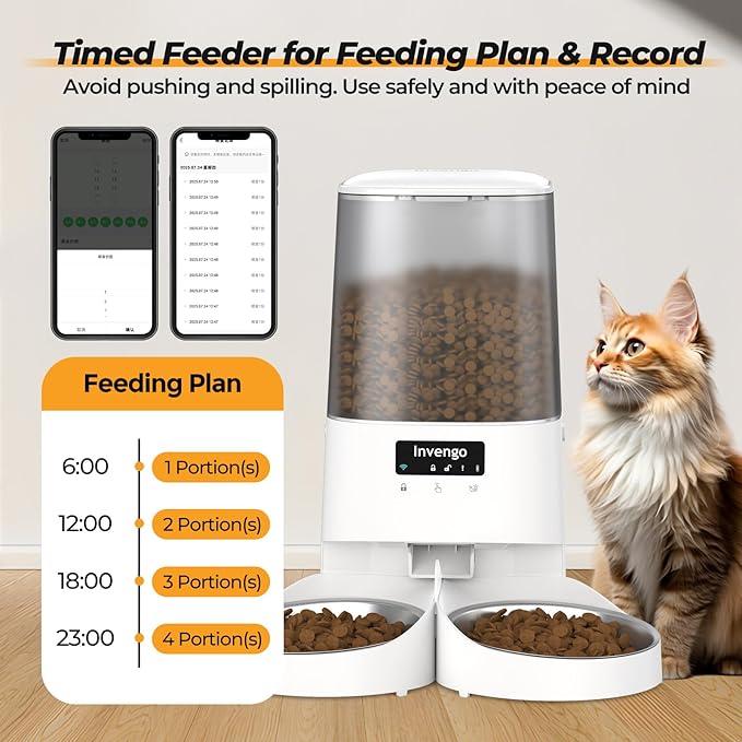 Automatic Cat Feeder with App Control, 5L Food Dispenser for 2 Cats, 2.4/5G WiFi, Dual Power, Programmable Portions, Anti-Jam & Fresh-Lock, Stainless Steel Bowls, Easy to Clean