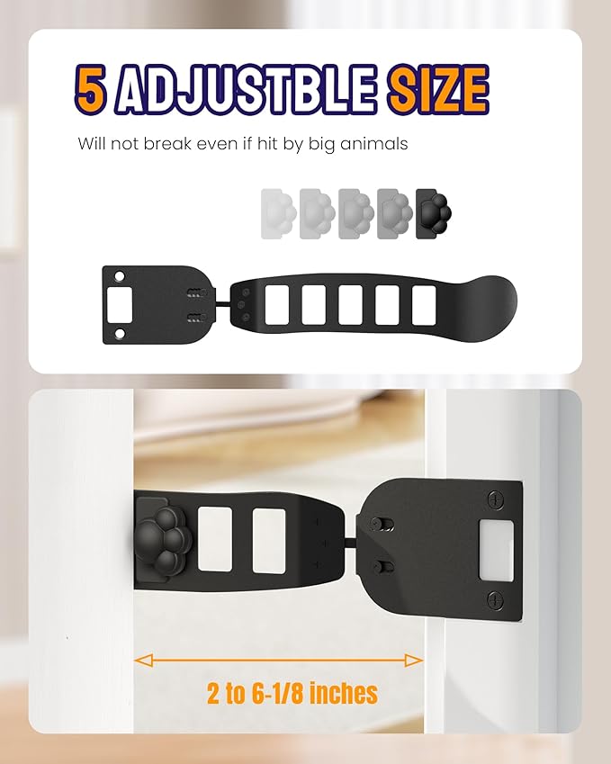 Metal Cat Door Latch, Door Prop for Cats, Easy Install, Durable & Foldable, 【5 Adjustable Sizes】 Keep Interior Door Cracked Open for cat - Dog Proof Cats Feeding Station, No Wall Damage