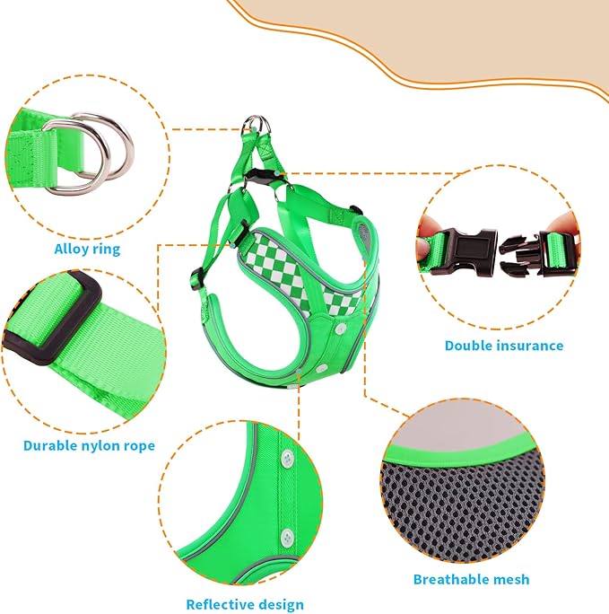 Dog Denim Harness with Leash Set, Adjustable Step in with Breathable Padded Vest Harness for Small Dogs Training and Running (XS Green)