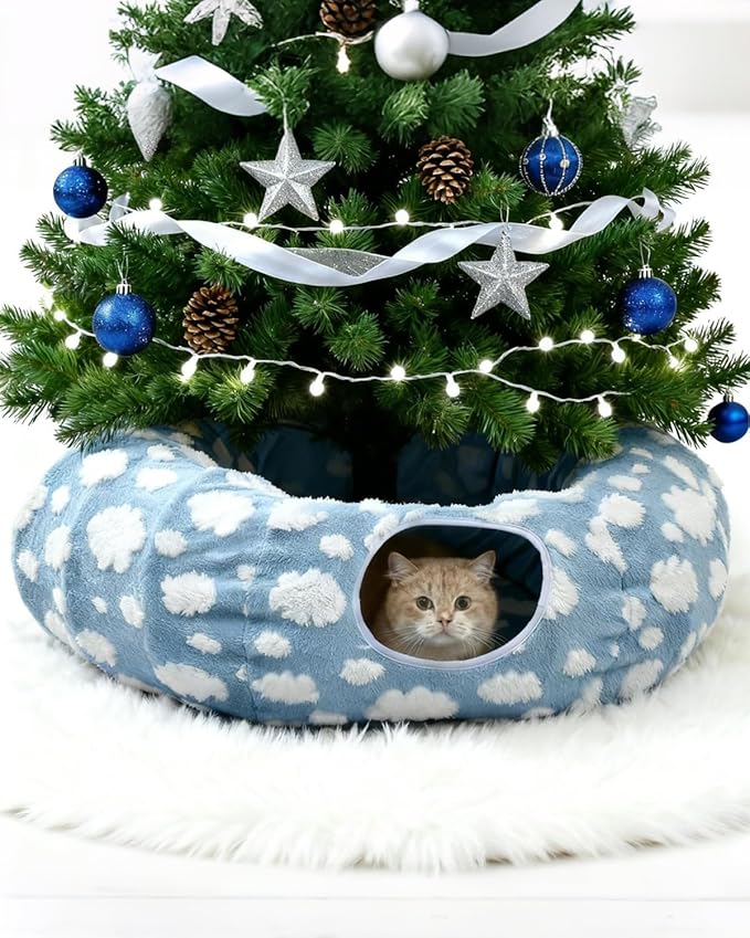 Grelife Cat Tunnel Bed for Indoor Cats, Cat Tunnel Christmas Tree Skirt with Washable Soft Plush, Cat Donut Tunnel Toys with Non-Slip Base, Perfect for Cats, Kittens, Small Pets(33.53")
