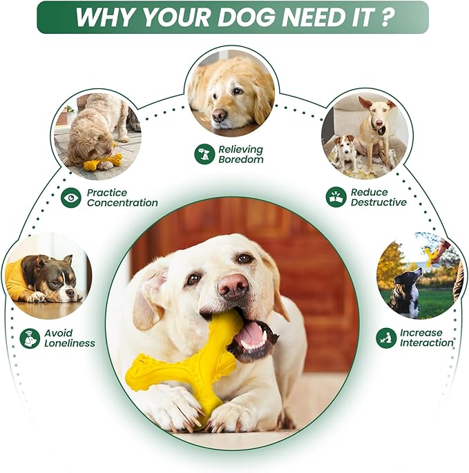Dog Chew Toys for Aggressive Chewers Large Breed,Indestructible Bones Toy，Durable Cleaning Toothbrush Natural Rubber Dog Toys… (Yellow)