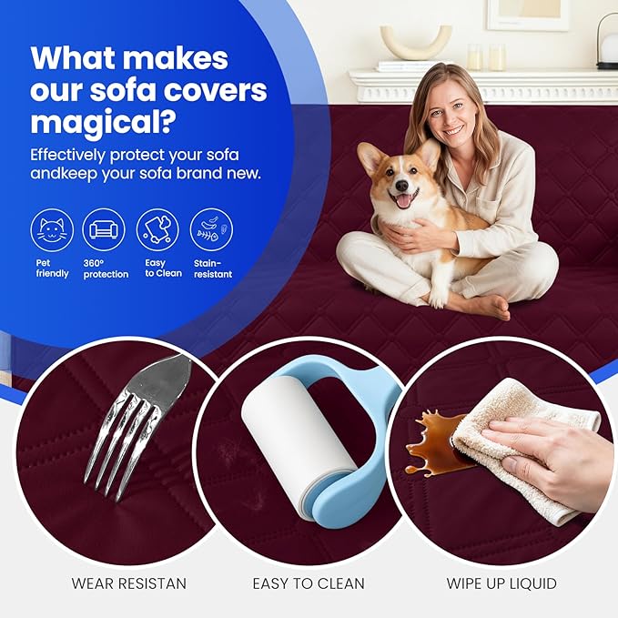 Waterproof Dog Bed Cover, Non-Slip Dog Blanket for Couch, Couch Covers for Dogs Washable, Pet Blanket for Furniture, Pet Bed Mat for Sofa, Car, Pet Supplies Christmas (82x82 Inch, Burgundy)