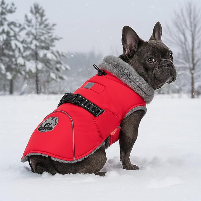 KYEESE Waterproof Dog Coat, Windproof Warm Winter Jacket with Thick Fleece Lined, Turtleneck Dog Coats for Small Dogs with Leash Hole, Reflective Outdoor Cold Weather Coat, Red, Medium