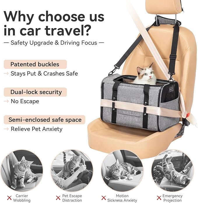 PETSFIT Cat Car Carrier for Medium Cats Dogs, 19"x12"x12" Small Dog Carrier, with Patent Safety Buckles and Escape-Proof Zipper - Safeguarding Car Travel, Vet Visit, Outdoor