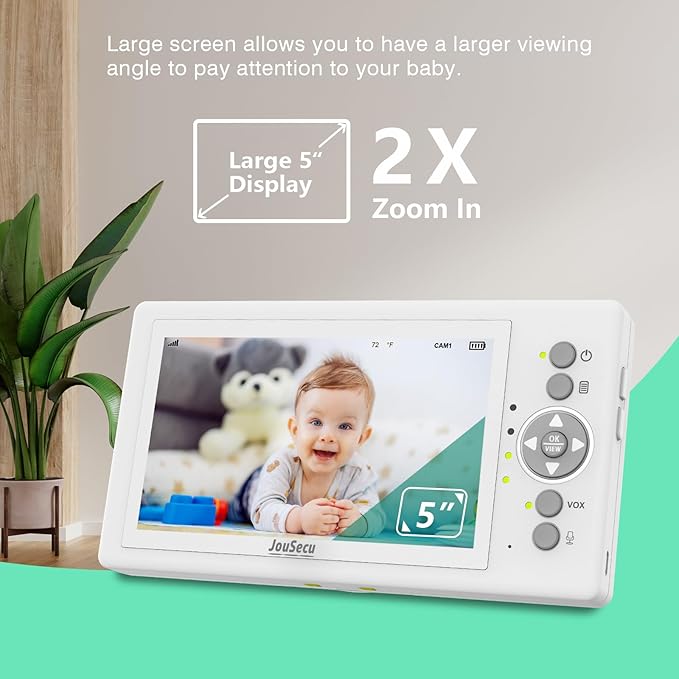 Baby Camera Monitor with 30 Hours Battery Life, Pan-Tilt-Zoom Video Baby Monitor with Camera and Audio 5 Inch Large Screen, No WiFi, Temperature Monitoring, 2 Way Talk Back, Power Saving