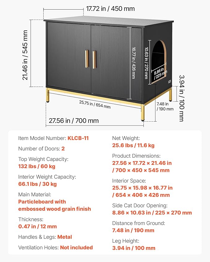 VEVOR Cat Litter Box Enclosure Furniture, 27.6 in Hidden Litter Box Cabinet with Metal Legs & Handle, Modern Style Cat Washroom House End Table, Fit Most of Litterbox, for Bedroom Living Room