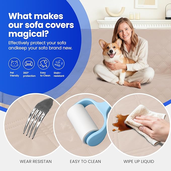 Waterproof Dog Bed Cover, Non-Slip Dog Blanket for Couch, Couch Covers for Dogs Washable, Pet Blanket for Furniture, Pet Bed Mat for Sofa, Car, Pet Supplies (68x82 Inch, Beige)