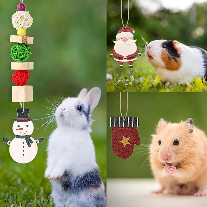 Abizoo Christmas Guinea Pig Chew Toys, Rabbit Chew Toys Hamster Bunny Treats Wood for Chinchilla, Hanging Christmas Themed Decor Cage Accessories for Small Animals pet Teeth Enrichment Gifts