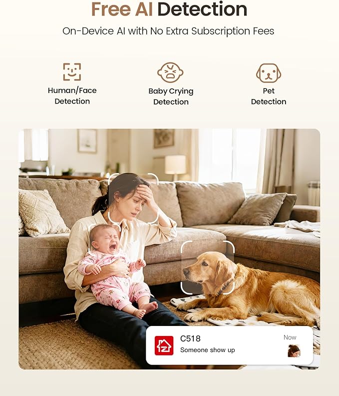 ZOSI 4K Indoor Security Camera, C518 WiFi Pan/Tilt Pet/Dog/Baby Plug-in IP Camera, Auto Tracking, AI Human/Face/Pet Detection, 360° View, Night Vision, 2-Way Audio, 5GHz/2.4GHz WiFi, 64G Memory Card