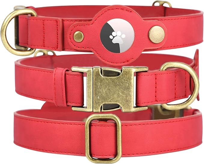 AirTag Dog Collar for Medium Dogs - Soft Leather Dog Collar with Apple AirTag Holder and Metal Buckle - Smart Tracker GPS Apple Air Tag Pet Collars (Red, M)