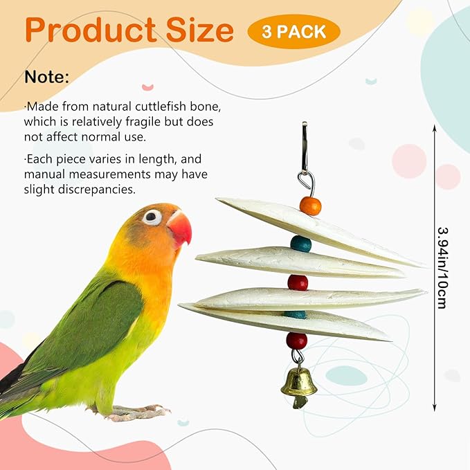 3 Pack Bird Chewing Toy Cuttlebone Parrot Toy with Bell Hanging Bird Beak Grinding Stone Parakeet Cage Accessories for Small Budgies Lovebirds Cockatiels (Flake, 4 Per Skewer)