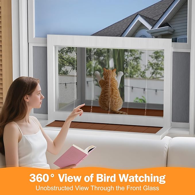 Cat Window Box Catio, Outdoor Indoor Cat Enclosure with Clear Panels, Mesh Sides & PVC Curtain, Universal Window Perch for Windows 25"–43", Window Catio for Sunbathing, Napping & Overlooking,Walnut