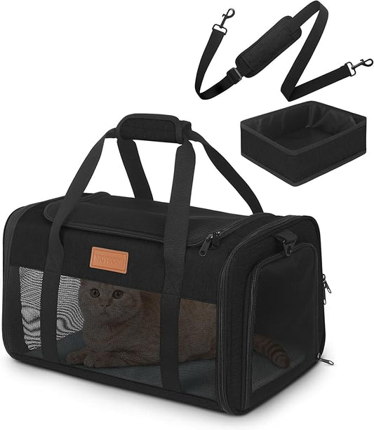 PETUX Cat Travel Carrier with Litter Box - 17"x11"x9.5", TSA Airline Approved, Underseat, Soft Sided Pet Carrier for Small Cats Under 12 lb with Safety Zipper, Anti-Scratch Mesh - Black