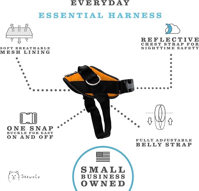 ShawnCo Essential Dog Harness, No-Pull Pet Vest with 3 Leash Clips, No Choke, Reflective, Adjustable and Padded, for Easy Walking and Training for Small, Medium and Large Dogs (Sunset Orange, XS)