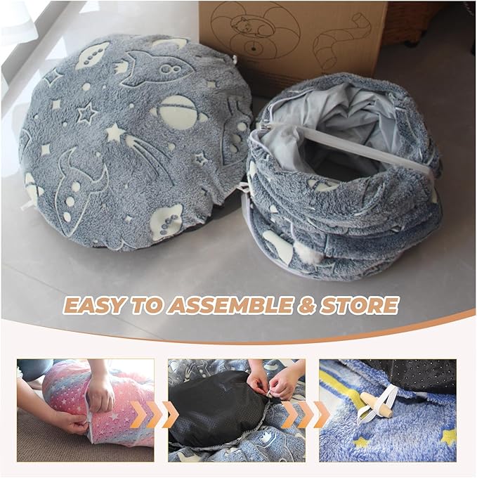 Cat Tunnels for Indoor Cats with Plush Toys Glows in The Dark Dog Cat Tunnel Tube Toys Photoluminescent for Indoor Cats Small Dogs Puppy Kitten Rabbit Bunny Ferret Pet Gray