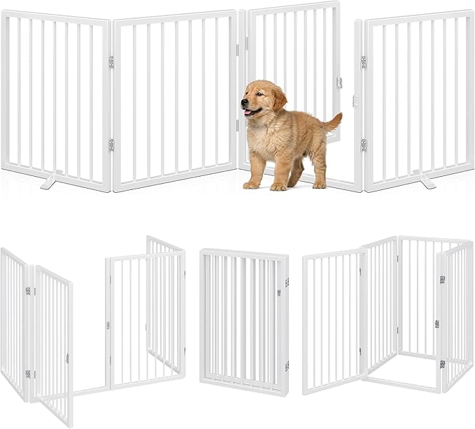 Vantas Folding No-Assembly Metal Pet Gate 80" Wide, 24" Extra Tall Dog Gate with Door Walk Through, Freestanding Accordion Puppy Gate Dog Door for Indoor & Outdoor, with 2PCS Support - White