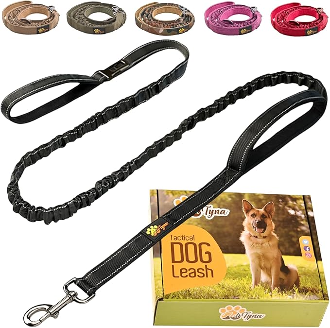 ADITYNA Tactical Bungee Dog Leash 6ft-7.5ft - Shock Absorbing Lead with 2 Padded Handles, Metal Clasp, Car Seatbelt - Heavy Duty No Pull for Medium, Large & XL Breeds